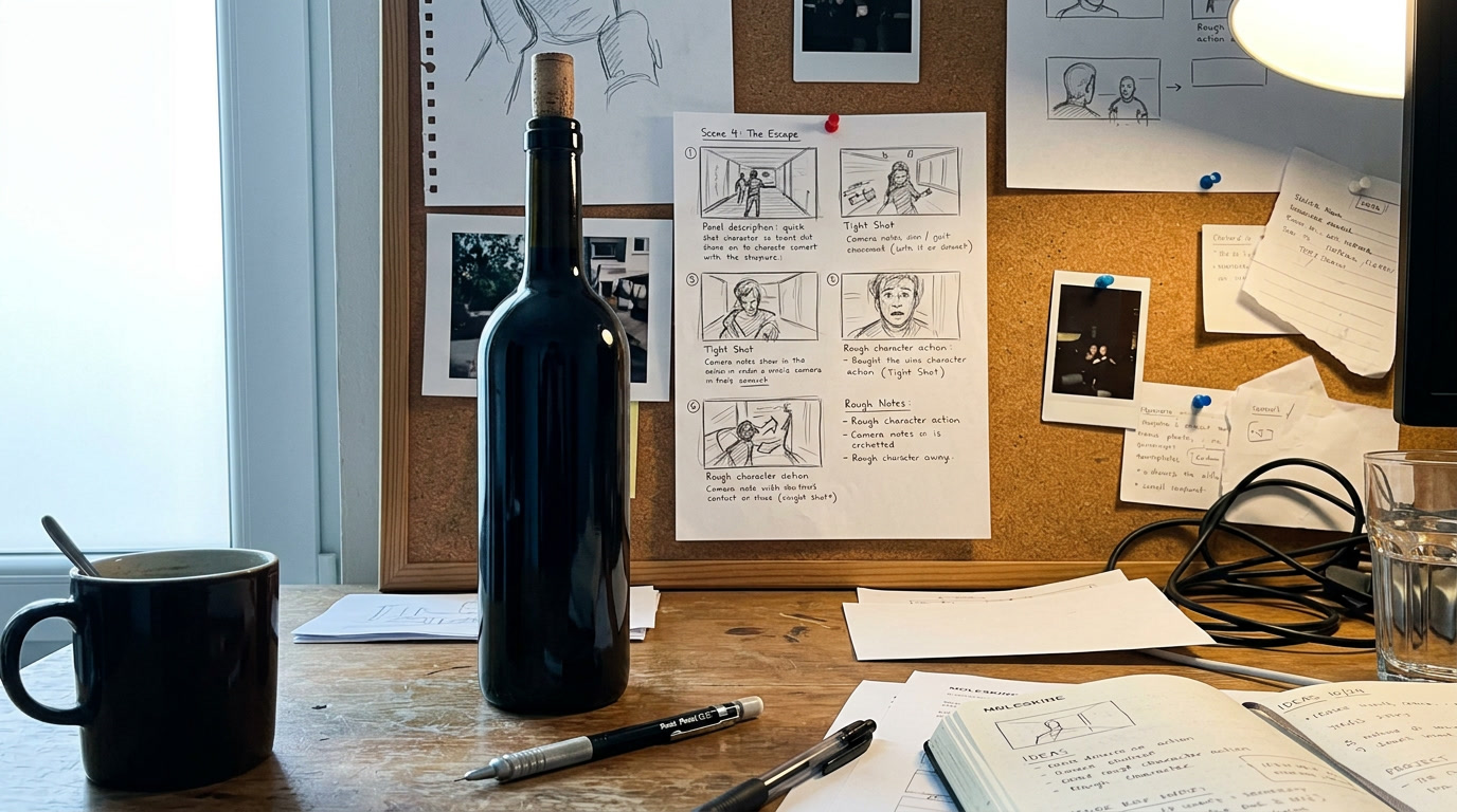 Brief · Intake — bottle reference and pinned storyboard on a studio desk