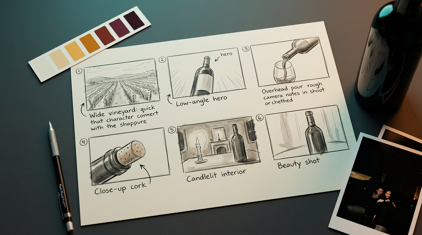 Concept · Creative — hand-drawn storyboard with shot labels and color palette