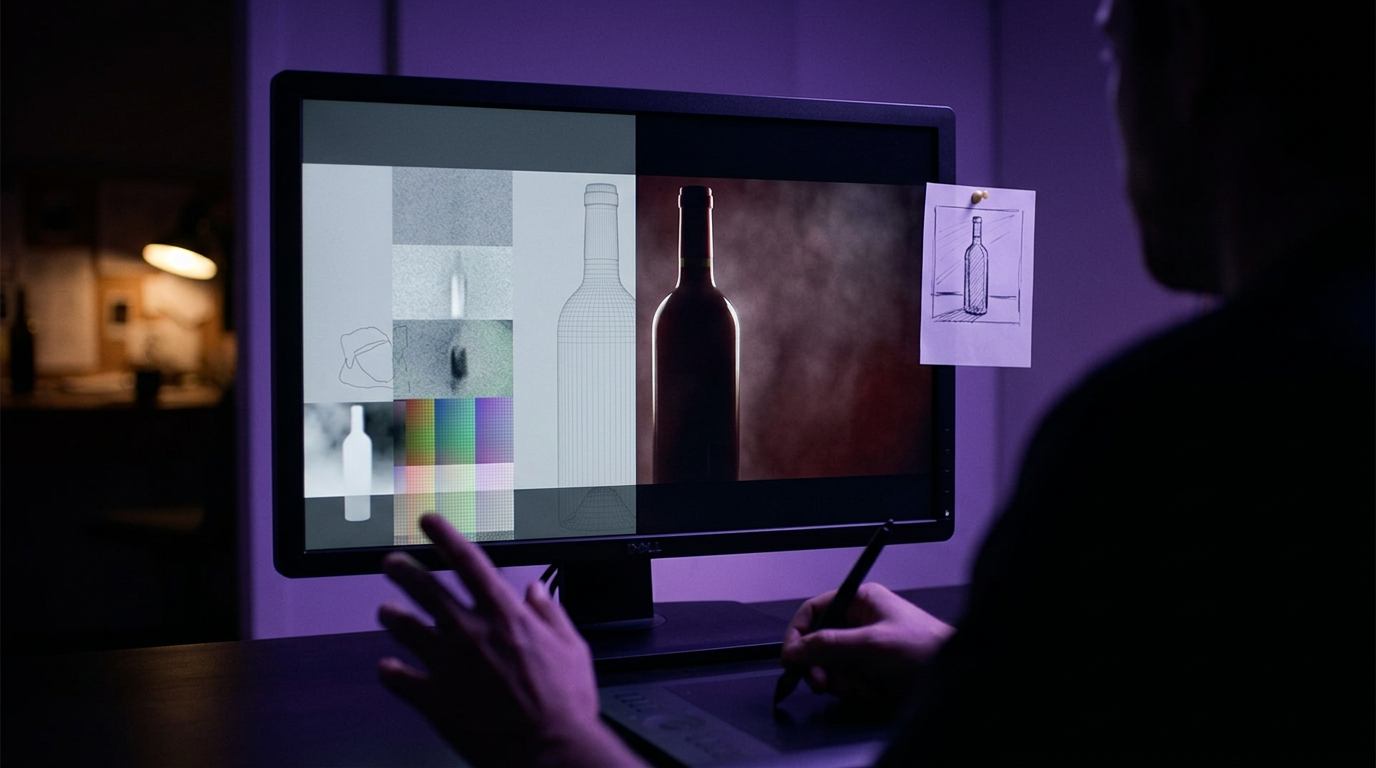 Production · Execution — artist building the bottle silhouette and palette on screen