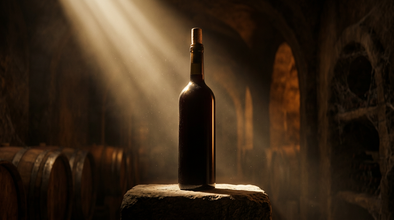 Delivery · Output — finished bottle on a stone plinth, light beams in a cellar